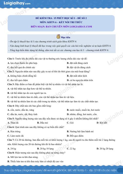 Đề kiểm tra 15 phút hk1 - đề số 2 Khoa học tự nhiên 6 có lời giải chi tiết
